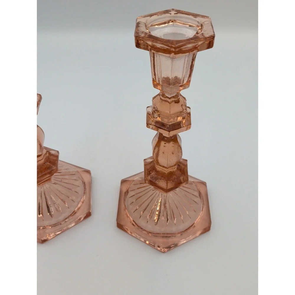 Pair of Vintage Deep Rose Pink Depression Glass Candlesticks, Beacon Hill 7.5